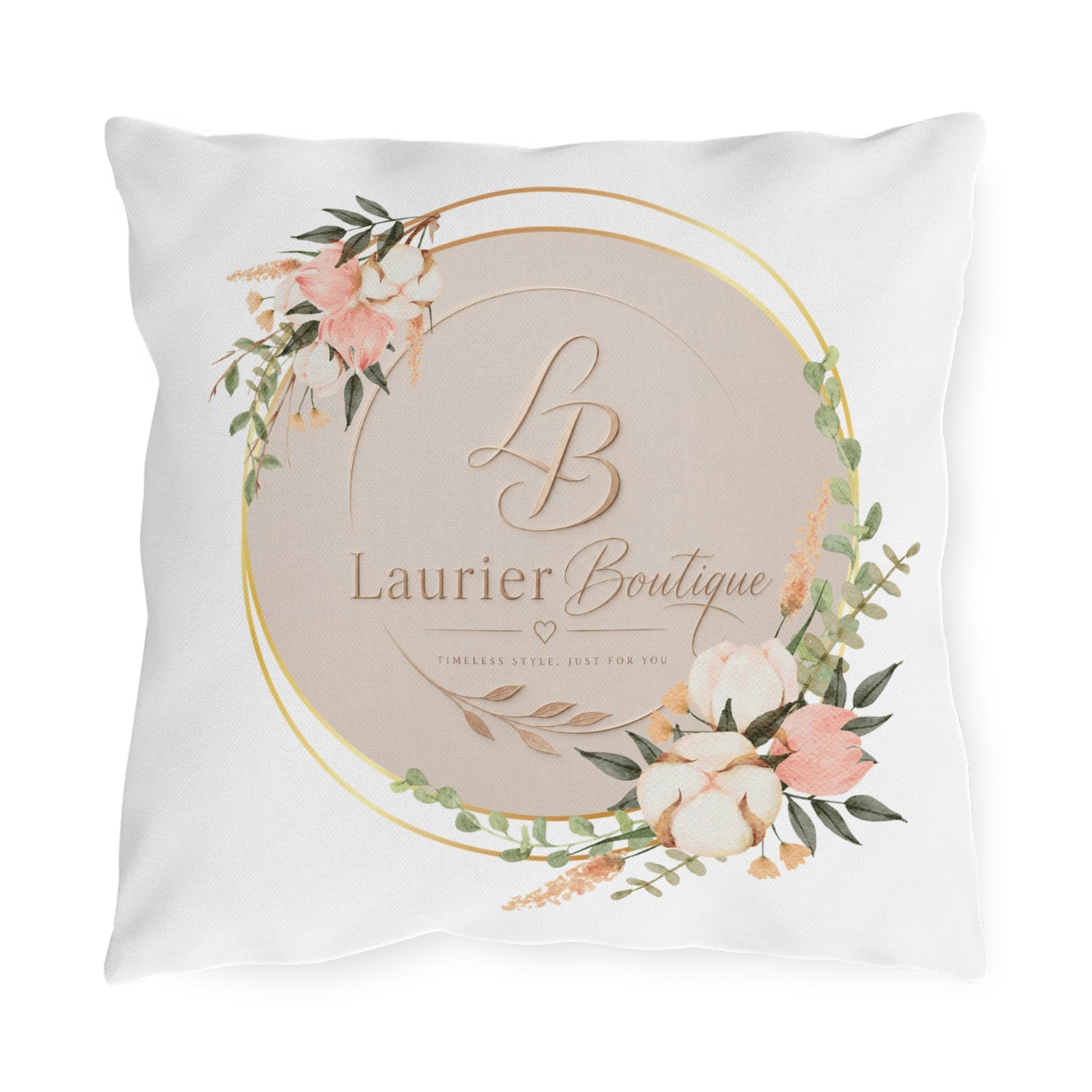 Floral Monogram Outdoor Pillow — 'Laurier Boutique' Logo Decorative Cushion