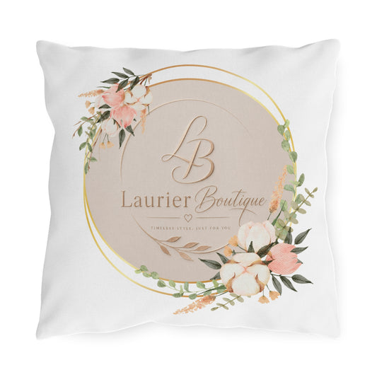 Floral Monogram Outdoor Pillow — 'Laurier Boutique' Logo Decorative Cushion