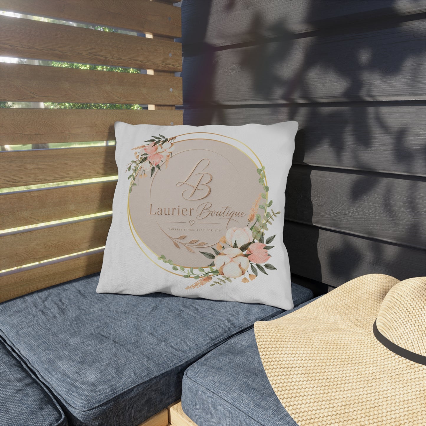 Floral Monogram Outdoor Pillow — 'Laurier Boutique' Logo Decorative Cushion