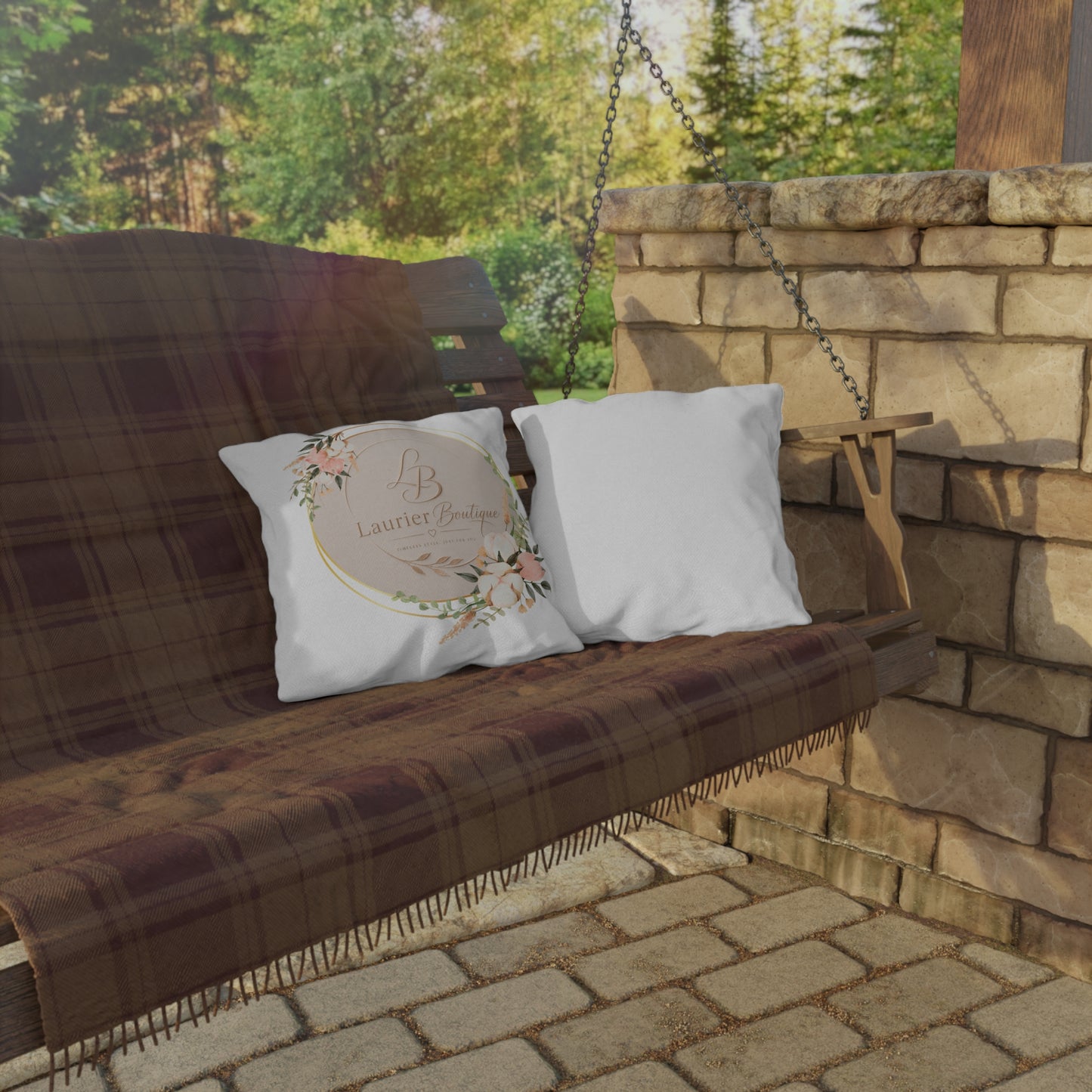 Floral Monogram Outdoor Pillow — 'Laurier Boutique' Logo Decorative Cushion
